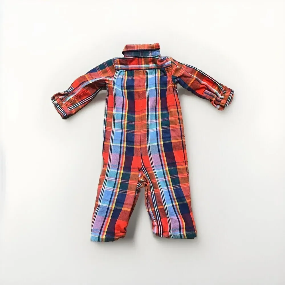 Ralph Lauren Baby 12M Red Plaid Flannel Logo Coverall Romper Lined Cozy Warm